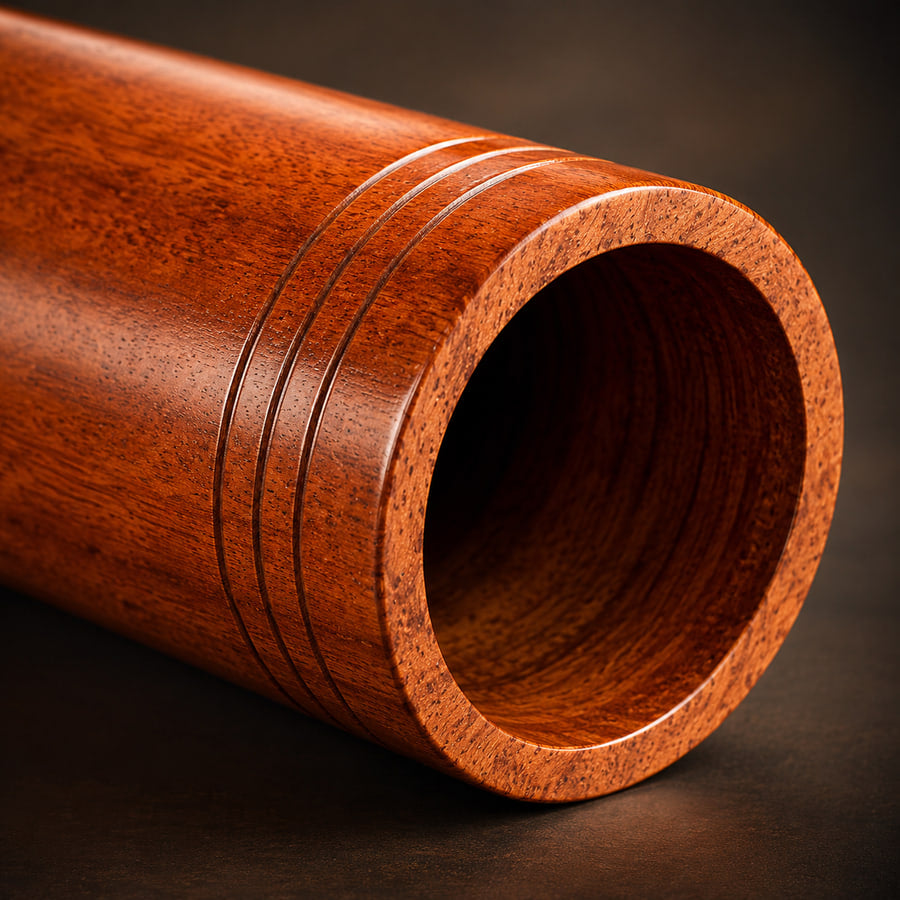 The tumbler on its side, looking straight into the open bore and the bare, unfinished heartwood inside.