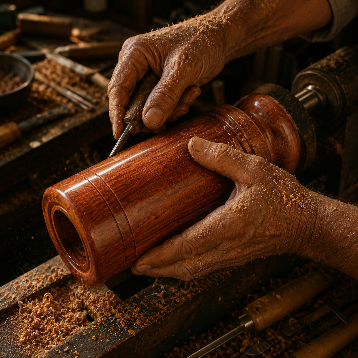 Two hands turning a Vijaysar tumbler on a lathe on our Saharanpur floor, shavings across the forearms and the bed of the machine.