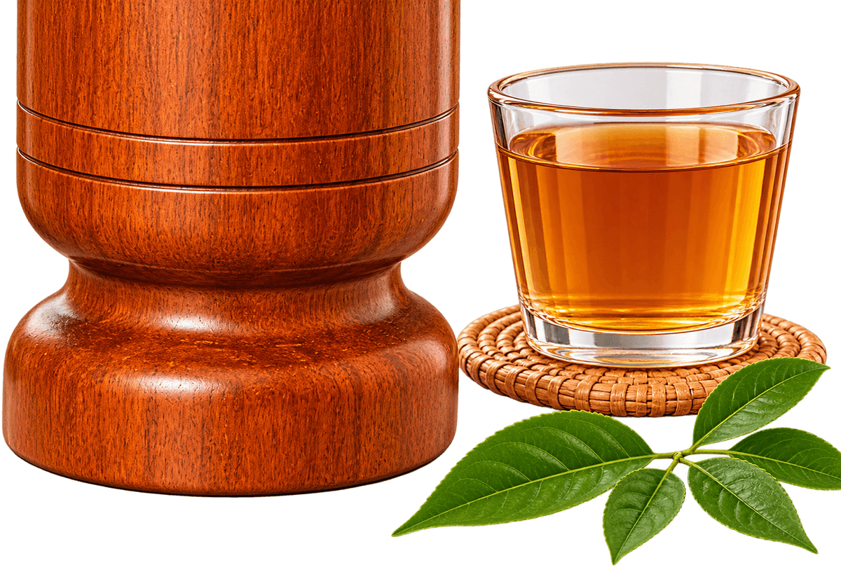The turned foot of the tumbler beside a glass of water that has gone amber overnight, with Vijaysar leaves.